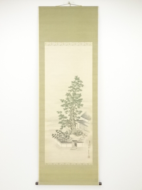 文政13（1830）年　片山索準斎守規筆　庭園槲樹図　肉筆紙本掛軸（箱付）
